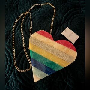 lulu nyc acrylic rainbow heart crossbody handbag with gold chain, pride, NWT